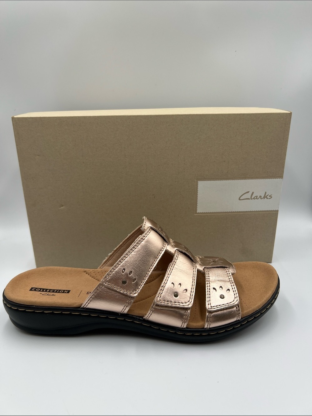 Clarks Leisa Spring slide sandals triple strap rose gold metallic 12 NARROW 12N